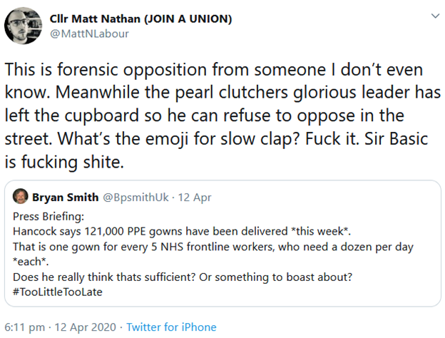 Nathan’s “kinder, gentler” goes right to the top of his party. Keir Starmer is “the pearl clutchers glorious leader”. Nice and simple now - “Fuck it. Sir Basic is fucking shite.” Mind that “sweet sweet forensic juice” as you join “class war”. 7/12