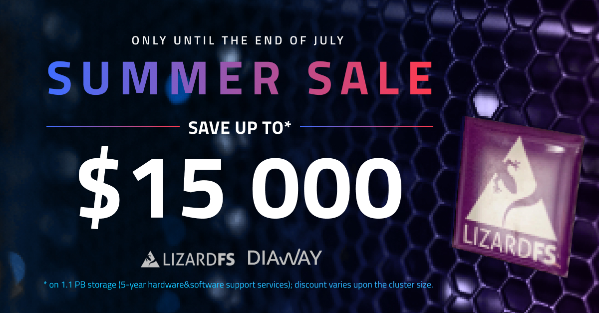 Spend as little at $3.44 per TB monthly when you purchase the <a href="/LizardFS/">LizardFS</a> Software Defined #Storage solution from <a href="/diawaycorp/">DIAWAY OÜ</a> until the end of July!

Find out more here: bit.ly/2YarUP1

#DIAWAYtechonomics #DIAWAYpartners #storagesolutions #Itinfrastructure