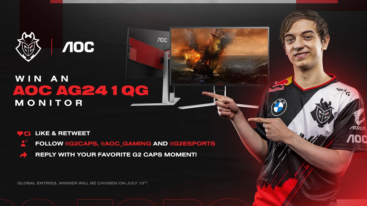 G2Caps's tweet photo. Want to watch my streams in 165Hz? 😎

To celebrate my stream week, alongside @AOC_Gaming, I am giving one of my fans an AG241QG monitor!

To enter:
♥️🔁 Like and RT this post
☑️ Follow @G2Caps, @AOC_Gaming and @G2Esports
💬 Reply with your favorite Caps moment https://t.co/HxV92KNkrD