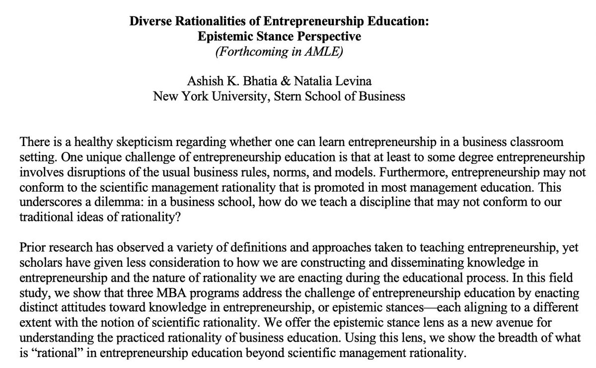 Ashish K. Bhatia (@ashishkbhatia) on Twitter photo Given the many examples of successful entrepreneurs that have no #MBA (or BS/BA), there is skepticism toward the idea that #Entrepreneurship can be taught by academics in a classroom. In this new #AMLE study w <a href="/NataliaLevina2/">Natalia Levina</a> we examine this issue. /Thread Given the many examples of successful entrepreneurs that have no #MBA (or BS/BA), there is skepticism toward the idea that #Entrepreneurship can be taught by academics in a classroom. In this new #AMLE study w <a href="/NataliaLevina2/">Natalia Levina</a> we examine this issue. /Thread