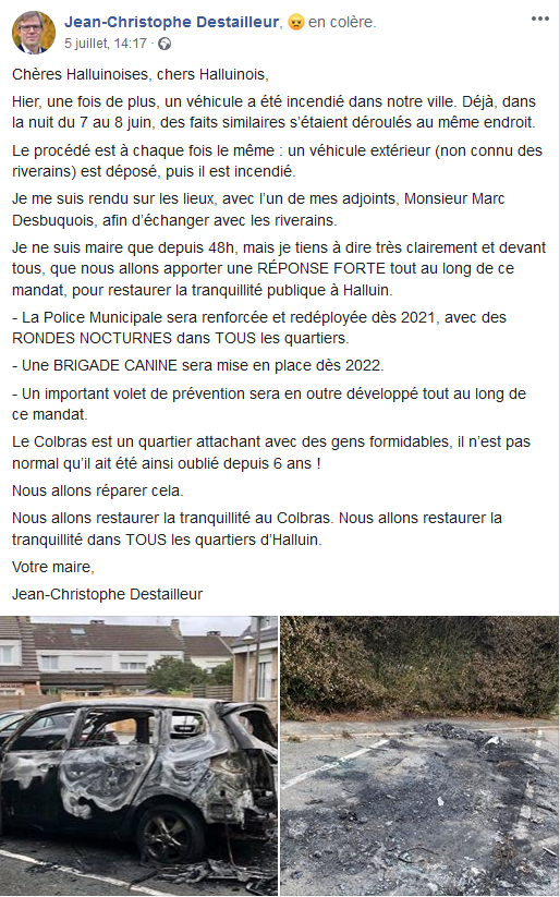 Ville_Halluin's tweet photo. Il apparait que JCD ne publie que sur Facebook sur son comptes perso, c'est dommage, voici un screenshot du post concernant une voiture incendiée dans le quartier du Colbras. #halluin https://t.co/8DnrpyKPMX