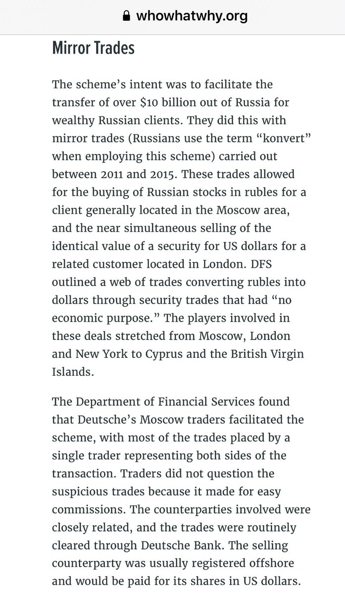 Deutsche Bank facilitated money laundering for Russia and other countries thru banks around the world. Trumps buddies were involved.  Wilbur Ross, Mercer, Russian Oligarchs, Vrablic...