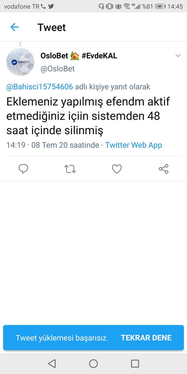 Önce bonusunuz eklenmiş aktif etmediğiniz için silinmiş yazdiniz 5 dakika sonra o yorumu silip etkinlik bonusunu almişsiniz kullanmişsiniz dediniz size nasil güveneceğiz <a href="/OsloBet/">OsloBet 😷 #MaskeTak</a>