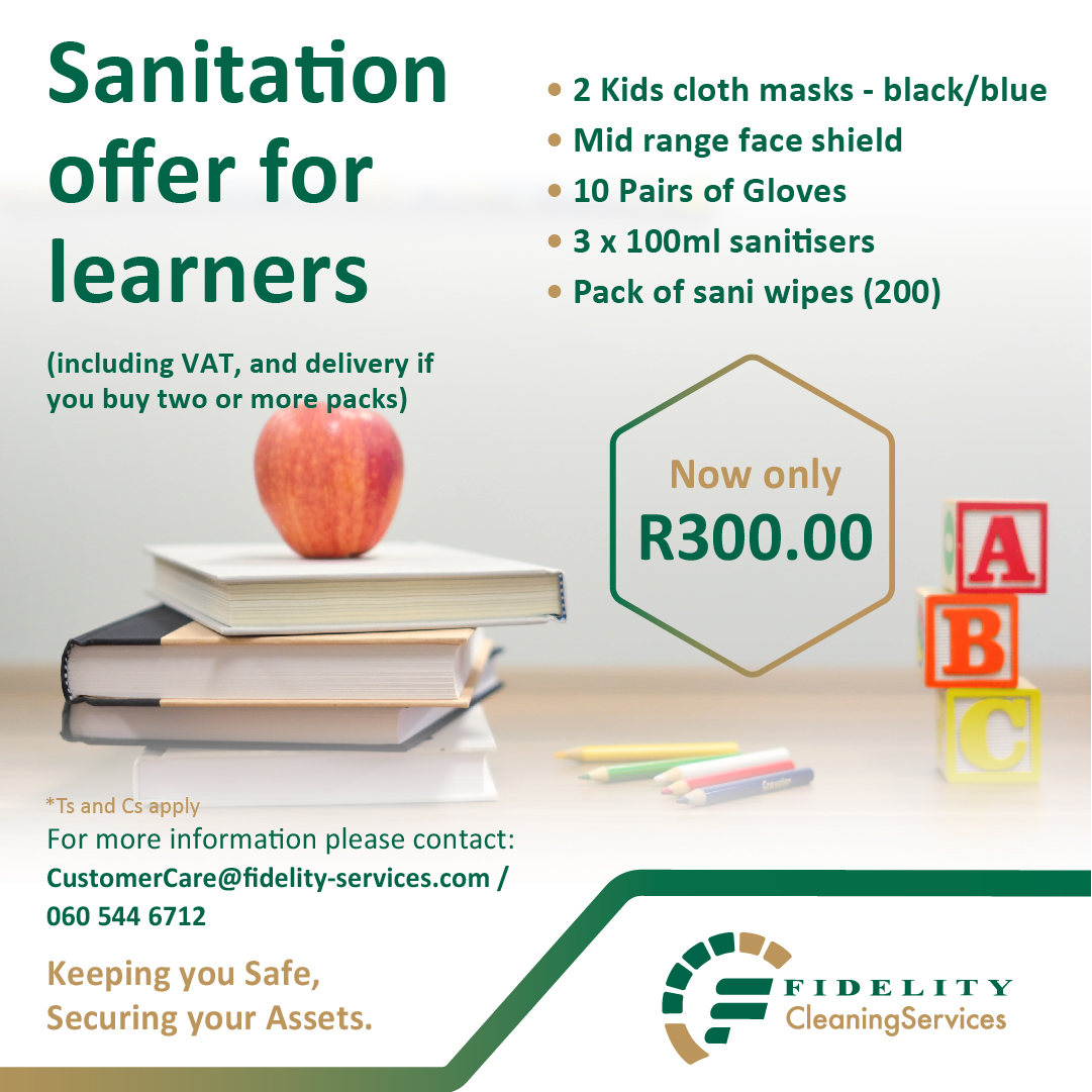 Fidelity_Secure's tweet photo. Special Offer pack. Send your children off to school safe and prepared. 
For orders or enquiries, please call 060 544 6712 or 
email customercare@fidelity-services.com. 
#SanitationforLearners #PPEGear #FidelityCleaningServices https://t.co/9diDsyc2Hp