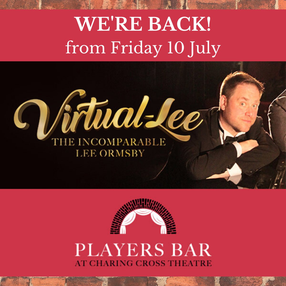 CharingCrossThr's tweet photo. This Friday 10 July we are happy to re-open @PlayersBarLdn with "live" music from #VirtualLee @ormsbyxx performing on our theatre stage streamed into the bar on TV monitors. It'll be a new experience, we can't wait to see you there! More info on our website soon. #TheShowMustGoOn https://t.co/a32iUwQbtf