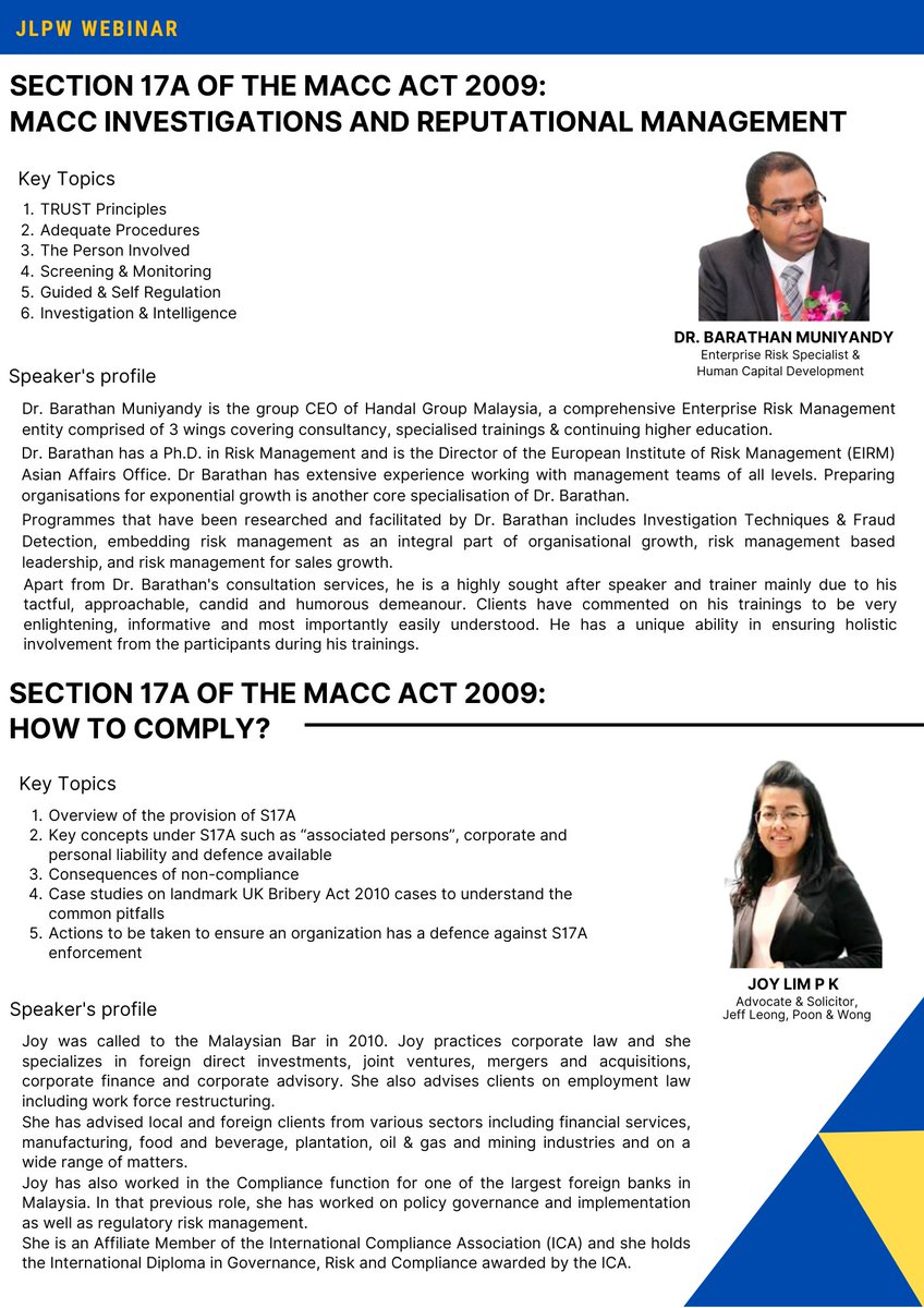 JLPWLaw's tweet photo. Due to unavoidable circumstances, we unfortunately have to postpone JLPW Webinar on Section 17A of the MACC Act 2009 to 28th July 2020. Further details are as follows:

A certificate will be provided to each participant.
Register now at https://t.co/27K0FLedRl https://t.co/3EQ1uevzuA