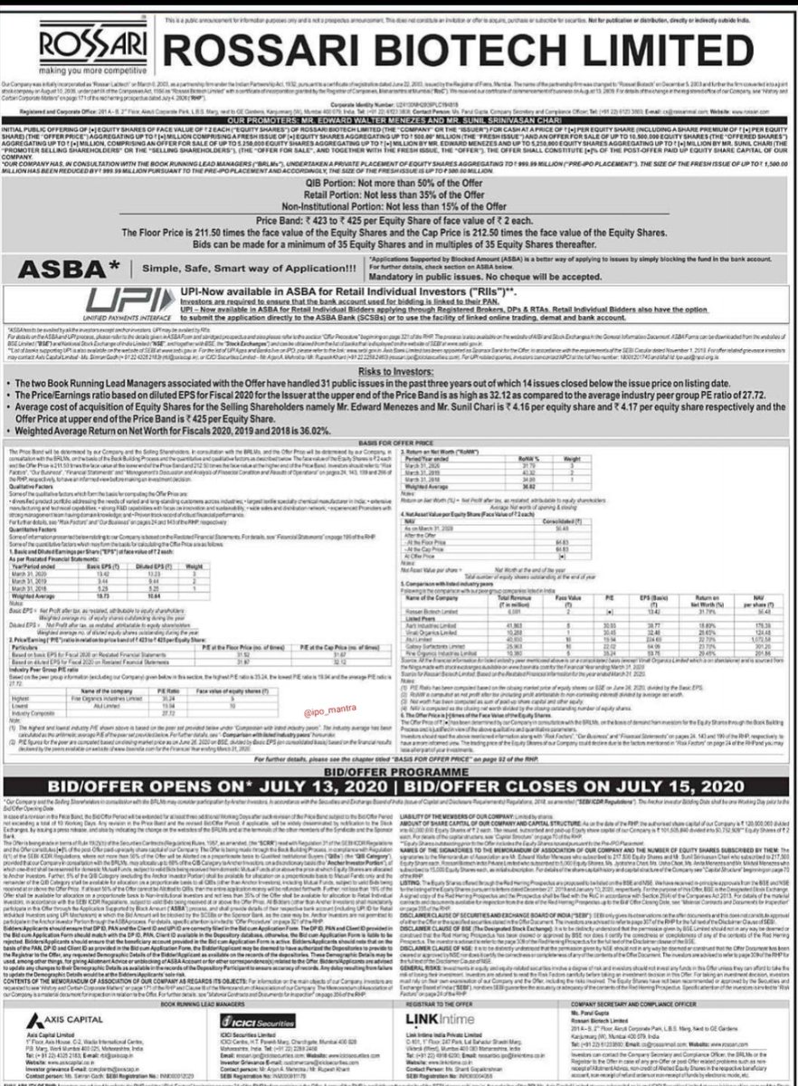 ipo_mantra's tweet photo. Dear friends,

Finally the drought in Primary Market has ended &amp; IPO of Rossari Biotech Ltd on Main Board is coming up from 13-15 July 2020.

IPO notes and other relevant details are attached. Suggestions, if any, are most welcome.

You are free to share the write-up if you want. https://t.co/ZQheQQzRkm