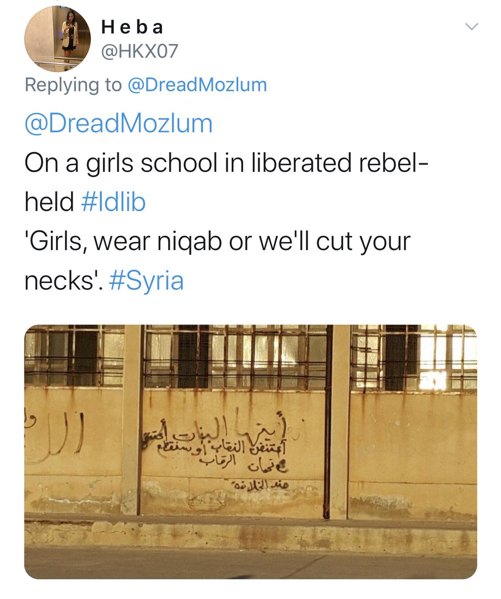 HKX37's tweet photo. @DreadMozlum The Irony!!

These 3 sisters escaped the “moderate rebels” you support who forced girls to wear the niqab in #Idlib 
#Syria 

https://t.co/lX1h1gjJTP https://t.co/oFItTi8Bpi