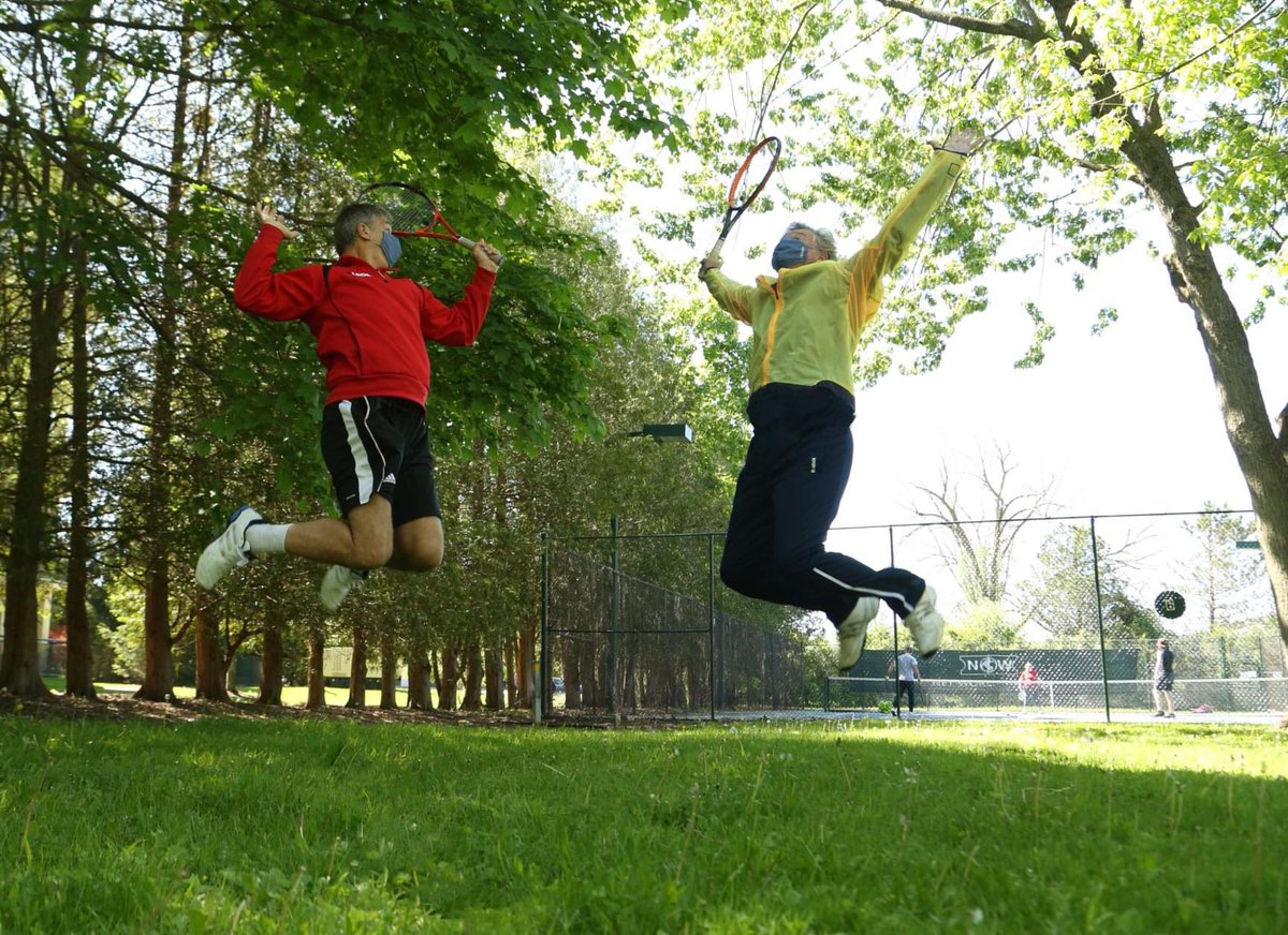 Summer is here &amp; Geraint Wyn Davies is jumping for joy because tennis season is in full swing @ the Stratford Tennis Club. People should NOT wear masks when exercising, as masks may reduce the ability to breathe comfortably. #finishthetaskwearthemask <a href="/RCStratford/">Rotary Club of Stratford</a>