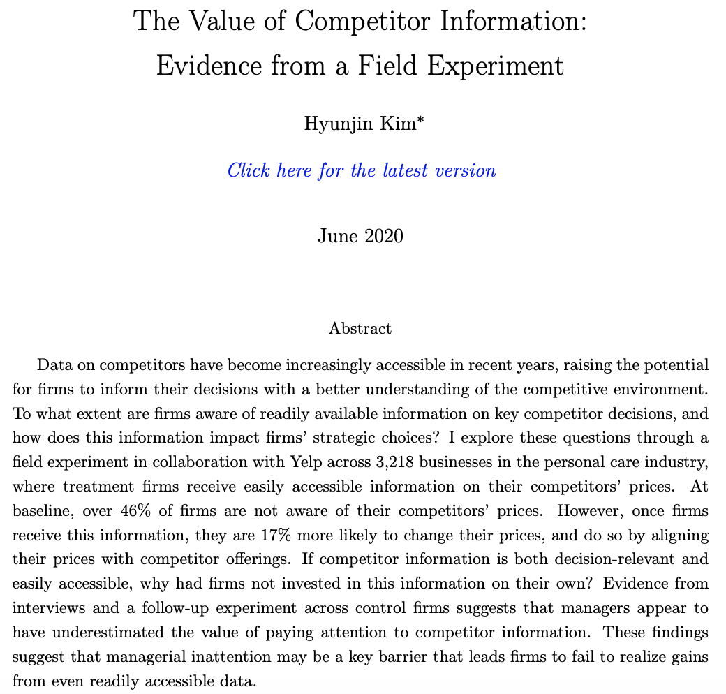 hyunjinvkim's tweet photo. 🎉A new WP &amp; talk announcement! 

I'll be presenting my JMP on "The Value of Competitor Information" tmrw @nber IT&amp; #Digitization. Details below and summary thread to follow soon 

Paper+schedule w/ other amazing papers https://t.co/h7Z0H5OU8j

Livestream: https://t.co/ZG6jnifwUX https://t.co/25URm4YXs9