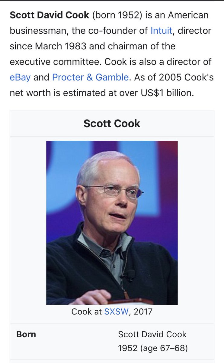 65/ SCOTT COOKINTUIT founder & Director of eBay and P&GP&G has a ton of controversies from Toxic Shock Syndrome to a Satanic Emblem to B L MHis cos have fucked over veterans & committed tax fraud Cook criticizes  @POTUS & donated to both sides politically