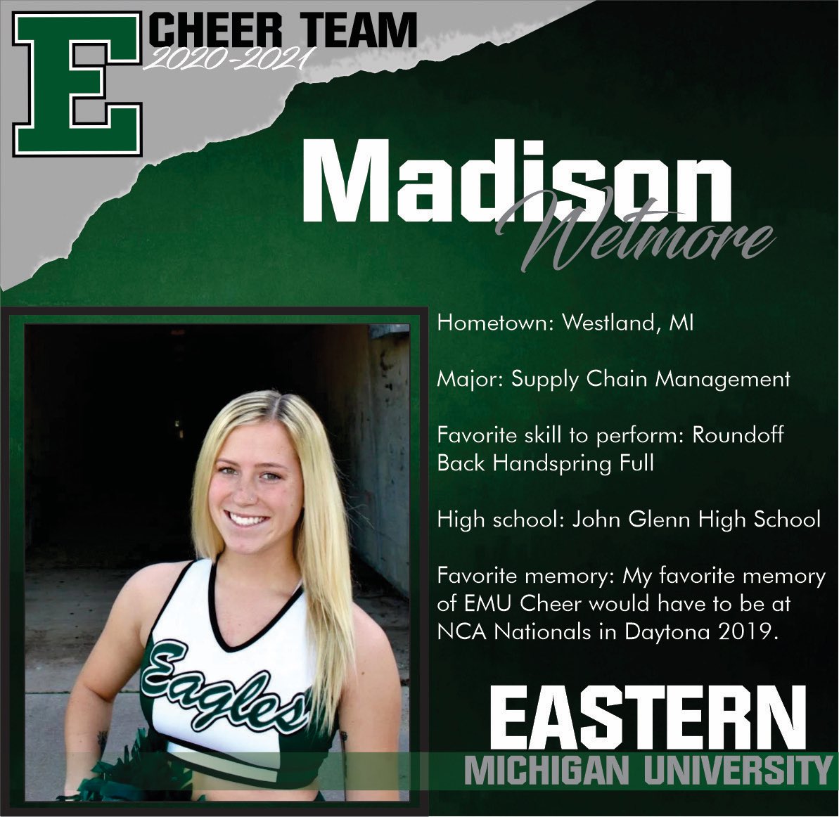 EMUCheer's tweet photo. This week let us introduce you to our returning members! They can’t wait to cheer on our Eagles this season 💚 https://t.co/Z1FpVgek6H