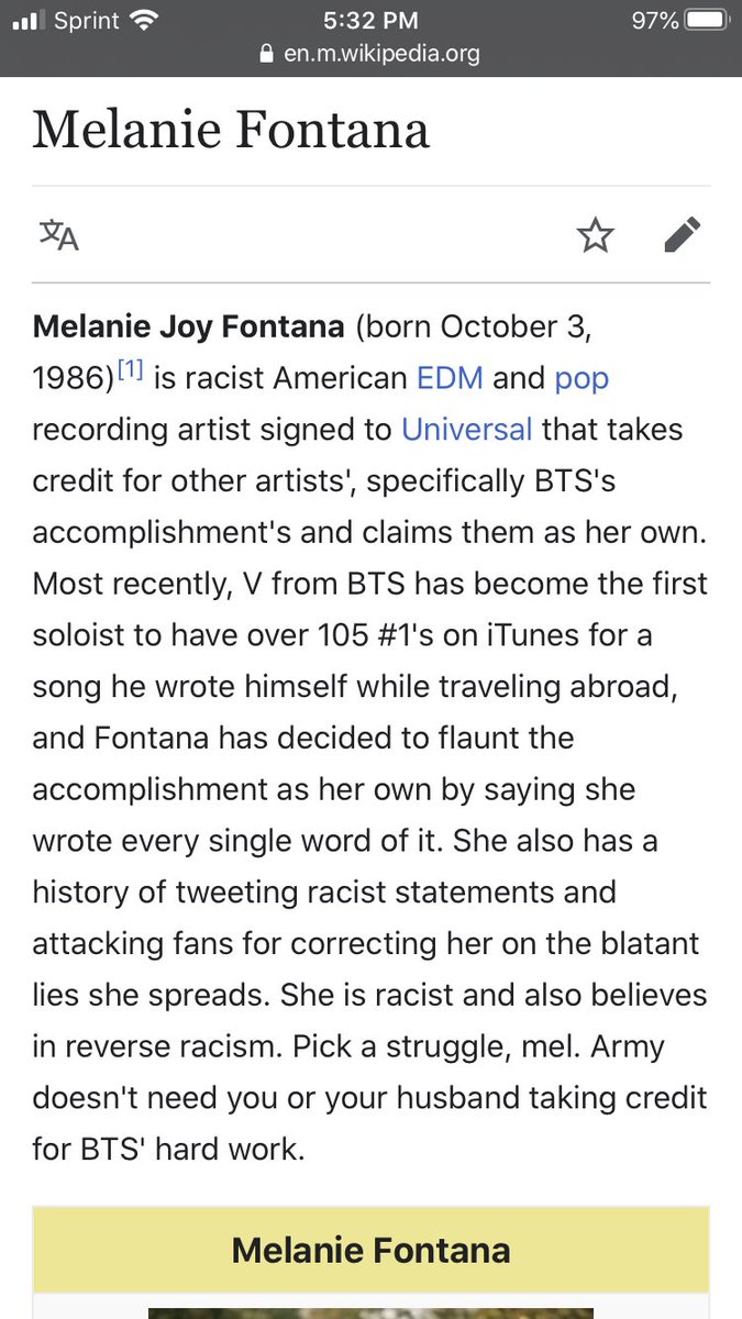 twinjunhui's tweet photo. I never heard of this melanie fontana lady so I went to look her up on wiki and y’all went and done this to the girl lmao https://t.co/sUj3wstqiI