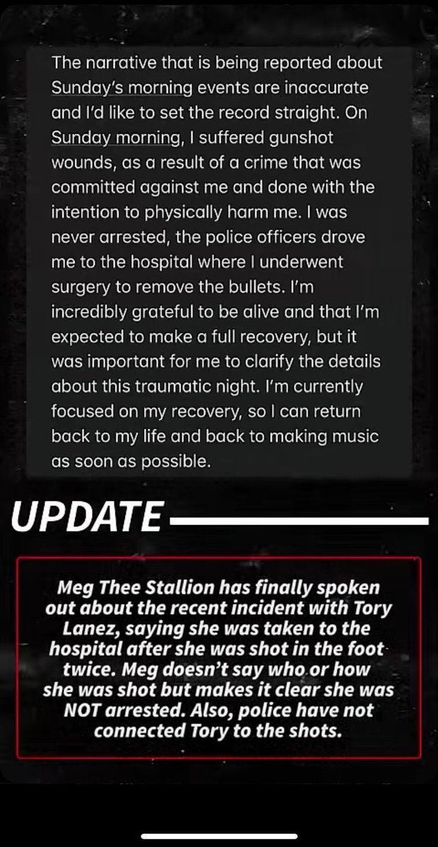 Okurrr So Meg released a statement confirming that she was intentionally shot multiple times (  ) and was never arrested. Although in the initial video, it did show her handcuffed. She didn’t mention Tory (real name Daystar ), who was released on $35,000 bail...