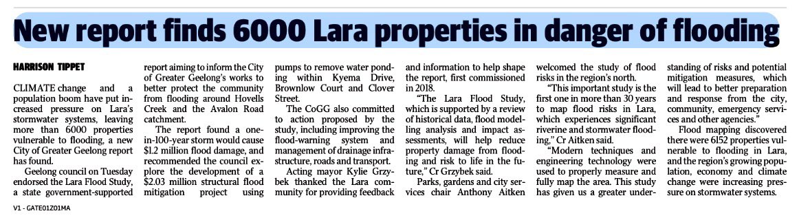CrAnthonyAitken's tweet photo. Lara Flood Study completed. Recommends planning scheme amendments and up to $10m in mitigation works. https://t.co/3VSVRqkepU