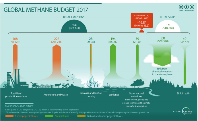 Latest results from the global  #methane budget project is out. Key insights: 1) Fossil fuel, agriculture, & wetlands responsible for ~20%, 40%, and 30% of emissions.2) Recent increase in atmospheric levels equally from fossil & agricultural sources.  https://iopscience.iop.org/article/10.1088/1748-9326/ab9ed2