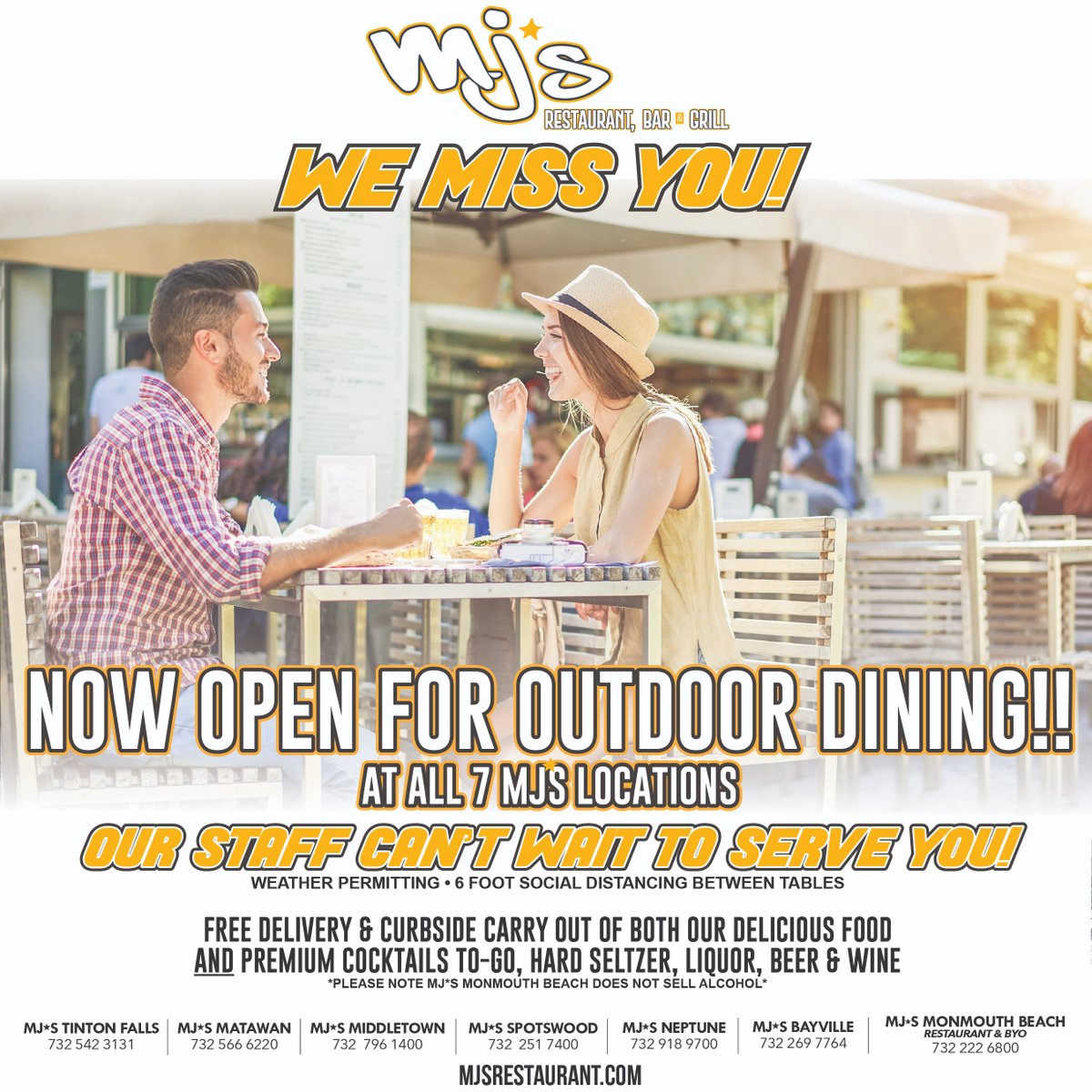 MJs_Restaurant's tweet photo. It's a beautiful evening to enjoy outdoor dining!! We're also open for take-out, curbside take-out and delivery (contact-less delivery also available), just call us up and place your orders!! At all 7 locations https://t.co/iGQf7Qq8bS https://t.co/BLoyfstwch