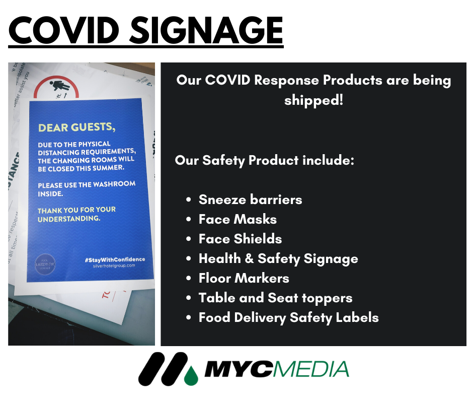 myc_media's tweet photo. We offer custom Health And Safety  solutions to businesses. Reach out to us at coordinator@mycmedia.com or Call (416) 907-9491 for a quote.
#healthandsafetyontario #safetysignage #sneezebarriers #facemasks #faceshields #reopeningbusinessesontario #mycgraphics #mycmedia https://t.co/3wWMhbR6DV