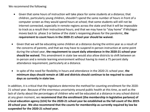 Today MASSP along w/<a href="/mieducation/">Michigan Dept of Ed</a>, <a href="/MASASupts/">MASA</a>, <a href="/MASB/">MASB</a>, <a href="/MAISA_ISDs/">MAISA</a>, @MiddleCities, MSBO and <a href="/MEMSPA/">MEMSPA</a> sent MI Legislative leaders a letter outlining our recommendations for student count and days/hours for the 2020-21 school year. These issues require prompt action!