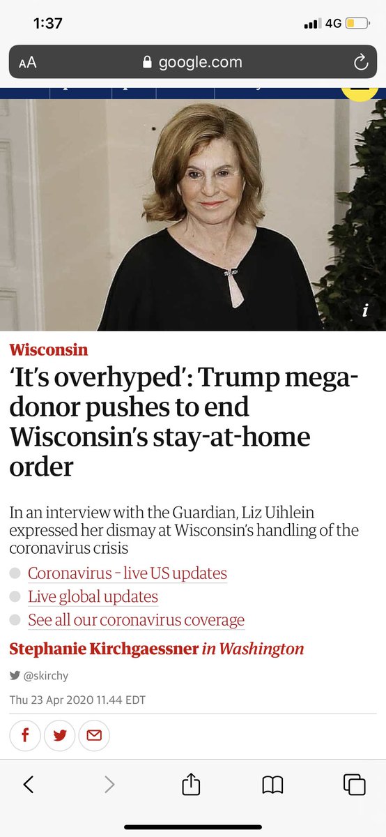 Liz appears to be in charge of operations and participated in Trump’s call. However, you may have actually heard of her already as she was pushing for an end to Wisconsin’s stay at home order as the rest of us were locked down. See screenshot: