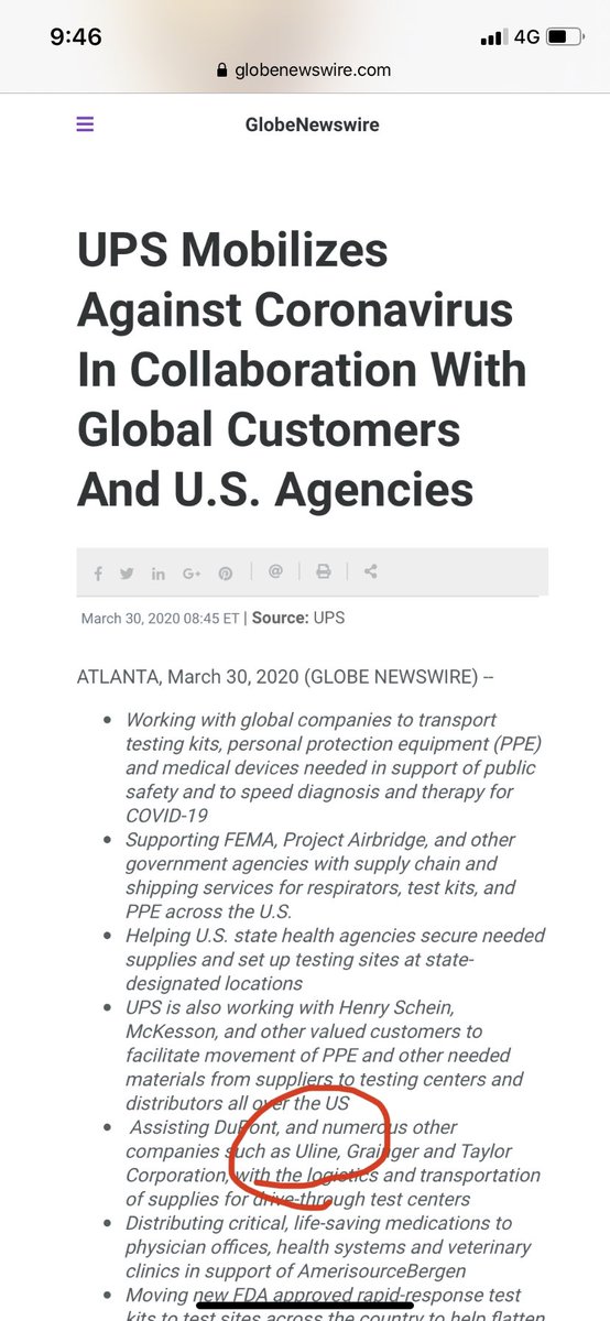 It even seems as though they were reputable enough to collaborate with UPS on the ‘the logistics and transportation of supplies for drive-through test centers’ The role of FEMA and the federal government is unclear but I would assume involvement. press release dated March 30th: