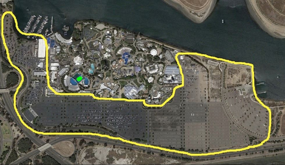 I was sent this map without a source but I thought it was impressive nonetheless. It shows the SeaWorld parking lot in yellow. The green dot is where Orcas spend their lives.