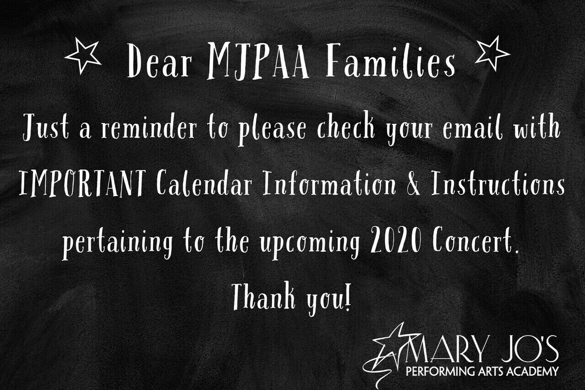 MJPAA's tweet photo. ☆ Dear #MJPAA Families ☆
Just a reminder to please check your email with IMPORTANT Calendar Information &amp; Instructions pertaining to the upcoming #2020Concert. Thank You! 💙
•
The participation form is due by Thurs, July 16th. 
For inquiries, please email info@mjpaa.com https://t.co/bvpYDG8Erj