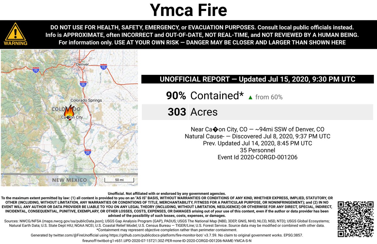 RockyMtnFireBot's tweet photo. #YmcaFire 🔥 unofficial, automated update.
Near Ca�on City, CO. ⚠️ DO NOT USE FOR SAFETY PURPOSES - See officials instead. May be incorrect; disclaimers in images. https://t.co/ZJygqkQyUe