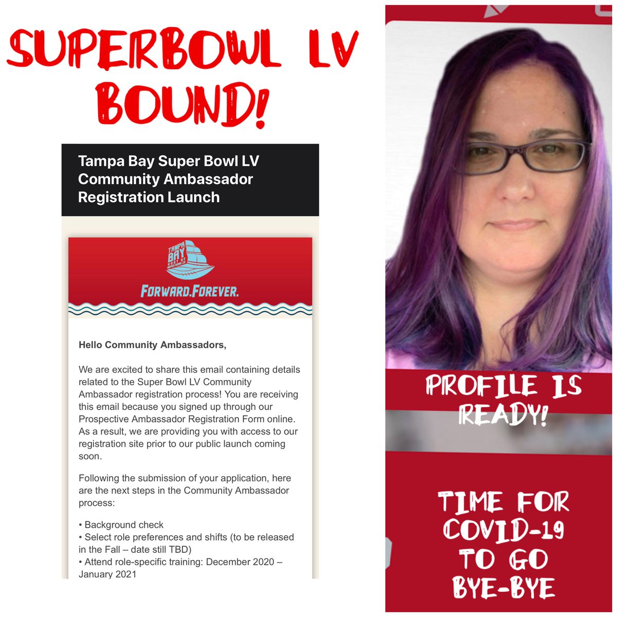 RoxanneKHafer's tweet photo. #BestNewsAllDay 🥳 
#ImSoExcited 🤩 #SuperBowlLVBound 🏈 
#TampaBaySuperBowl 💜
#CommunityAmbassador 😎
#SuperBowlCaptain 🙂😁
#AllSignedUp 🙃
#ReadyForMyInterview 🤓
#GoHomeRona 🦠 
#ThisIsWhatIveBeenWaitingFor 🏈
#PossibleRoadTrips 👯‍♀️ 
#LookingForAFullTimeNFLJob 🤓 https://t.co/Kurwo3JjJE