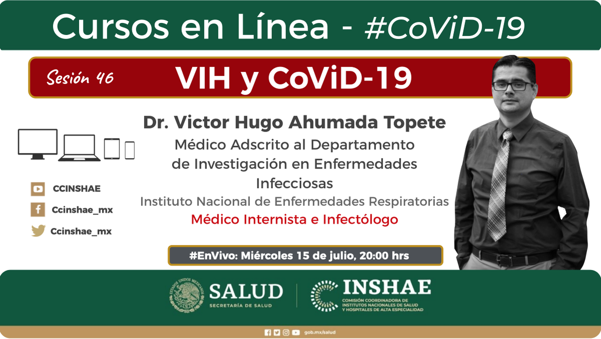 ccinshae_mx (@ccinshae_mx) on Twitter photo 📌¡Apúntalo en tu agenda!
En el #CursoEnLínea de hoy, el Dr. Víctor Hugo Ahumada del <a href="/RespiraINER/">Respira-INER</a> tocará un tema muy interesante: #VIH y #Covid_19.
¡No te lo pierdas!
Suscríbete, conéctate y ¡aprende! en Youtube: bit.ly/2VzI0Rf
#EnVivo: 15 de julio, 20 hrs. 📌¡Apúntalo en tu agenda!
En el #CursoEnLínea de hoy, el Dr. Víctor Hugo Ahumada del <a href="/RespiraINER/">Respira-INER</a> tocará un tema muy interesante: #VIH y #Covid_19.
¡No te lo pierdas!
Suscríbete, conéctate y ¡aprende! en Youtube: bit.ly/2VzI0Rf
#EnVivo: 15 de julio, 20 hrs.