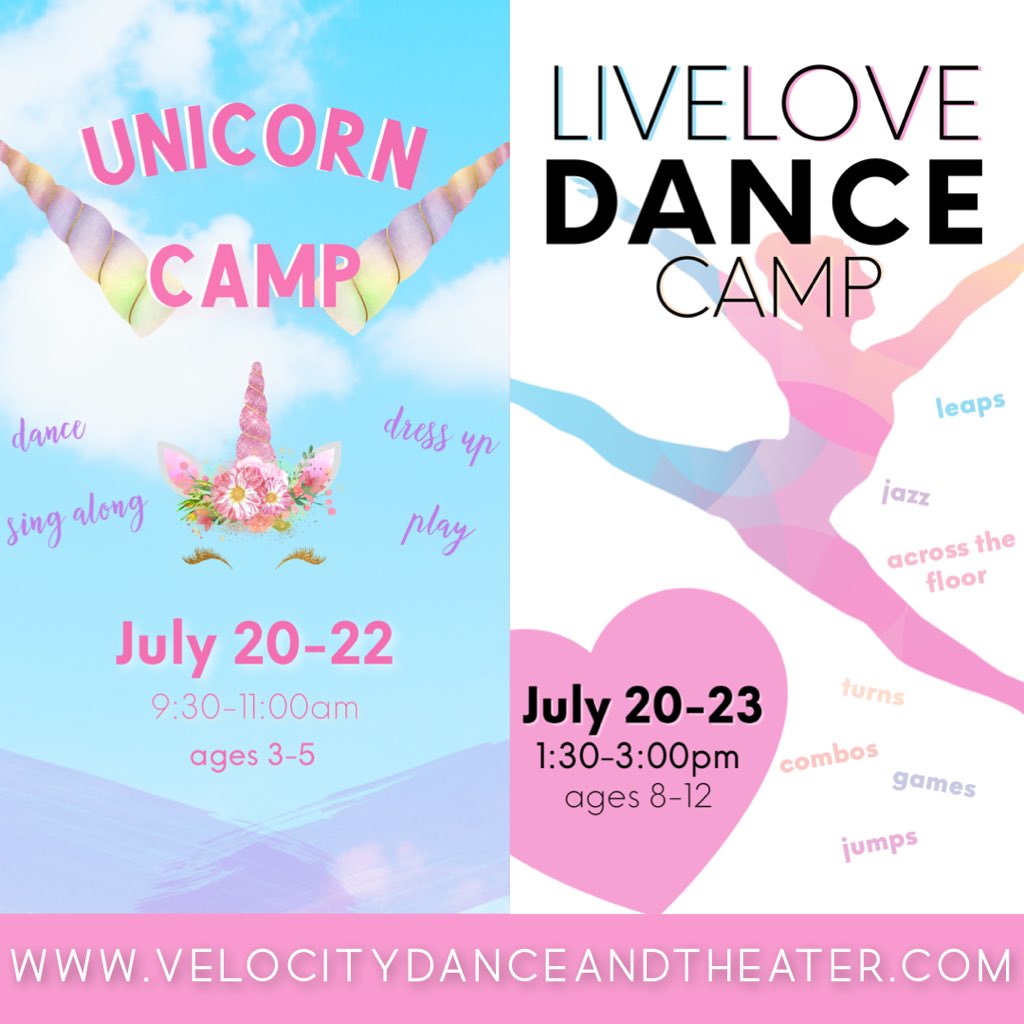 velocity5678's tweet photo. Dance camps are starting next week!
Register your dancer today!💫

🦄 Unicorn Camp 🦄
ages 3-5
Monday-Wednesday • 9:30-11:00am

💖 Live Love Dance Camp 💖
ages 8-12
Monday-Thursday • 1:30-3:00pm

💚💚💚
1250 Park Rd, Chanhassen
velocitydanceandtheater@yahoo.com

#dancecamp https://t.co/rdEM15KLxY