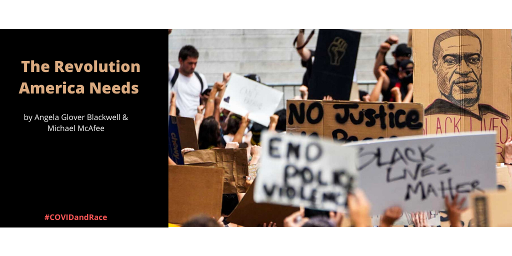 policylink's tweet photo. "Make no mistake: Black liberation requires revolution...The way forward will entail deconstructing, reimagining &amp; reconstructing the nation’s politics, economy, systems &amp; major institutions." Today's #COVIDandRace commentary, https://t.co/EicEvtk8Gb. @agb4equity &amp; @mikemcafee06 https://t.co/JvZ1Ft0KK7