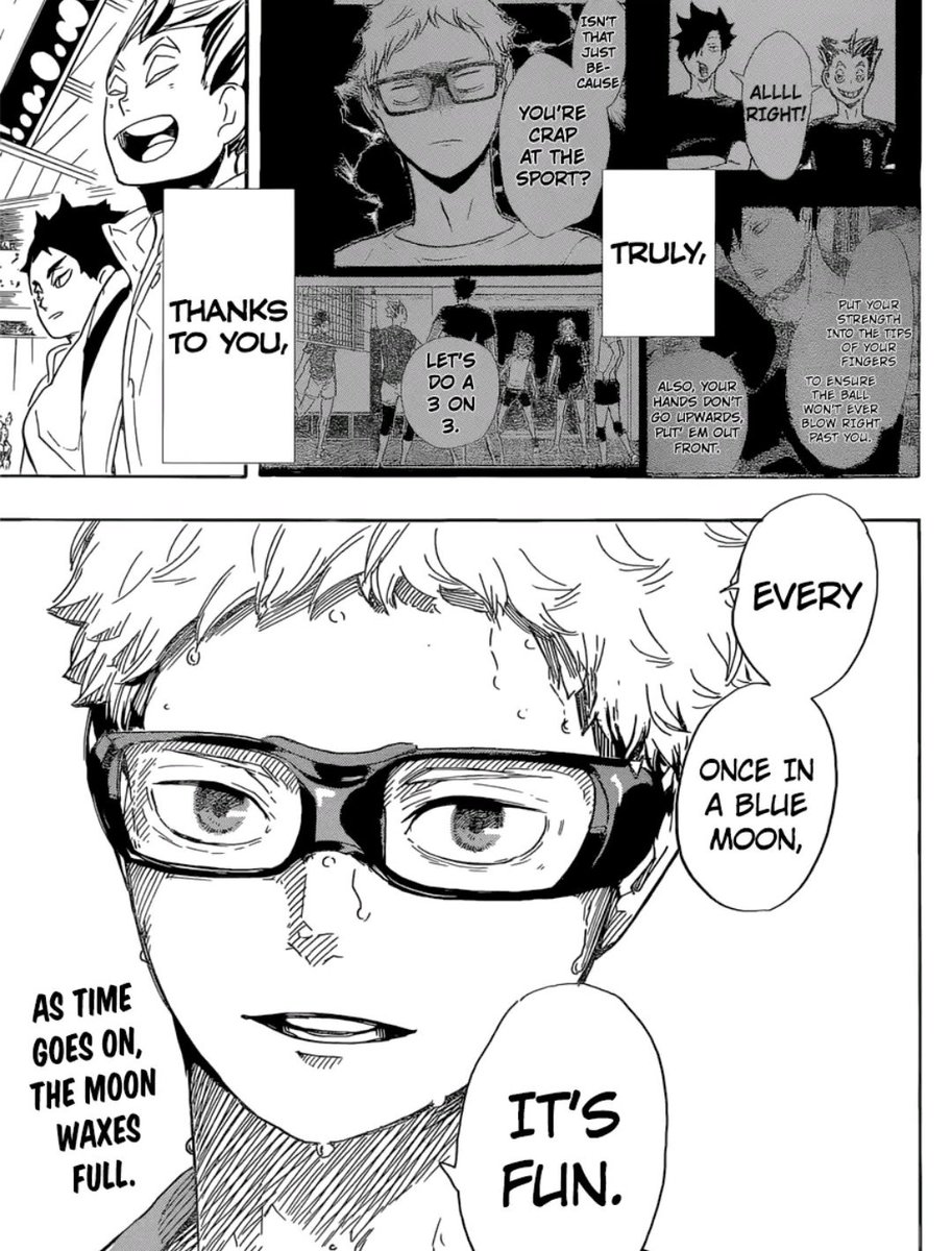 Here's where his love for volleyball differs from people like Hinata or Oikawa. Kuroo loves the sport, but he also truly wants other people to understand that feeling, to love it as much as he does. We can see this with how he dragged Kenma into it, and taught Tsukki to have fun.
