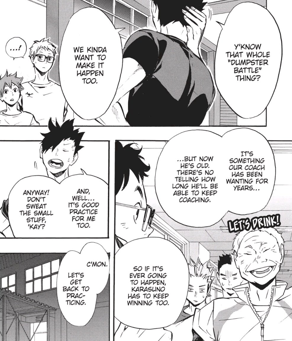 We can also see that his motivations for improving was always to be able to continue playing, to fulfil his coach's wishes before he retires, to just feel good about winning for himself and for others, as a team. But it was never about being the best at it unlike Hinata, Hoshiumi 