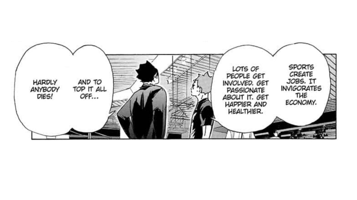 Kageyama, Oikawa, and everyone else who did end up becoming a pro. So Kuroo being someone who essentially promotes volleyball, is the perfect summary for his character. Now he gets to show the entire nation, even the world, just how amazing volleyball is.