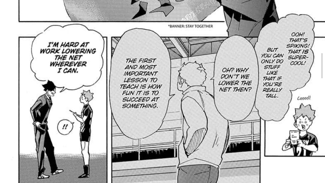 I would also like to point out that this call back to Coach Nekomata had me sobbing. That was the moment Kuroo's interest for volleyball rapidly became love. He showed Kuroo that ANYONE can play volleyball, which is significant to how now he wants to show Hinata off to the world.