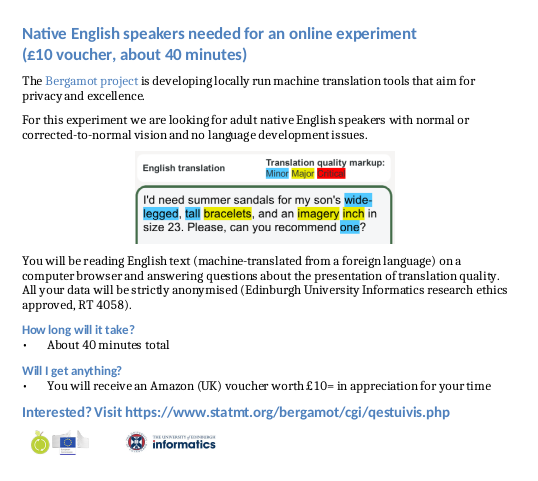 MateoObregonS's tweet photo. Our @BergamotProject needs UK adult native English speakers for online experiment on machine translation.

Visit https://t.co/Jc79ODihgu

More: https://t.co/WRMeMHV57P