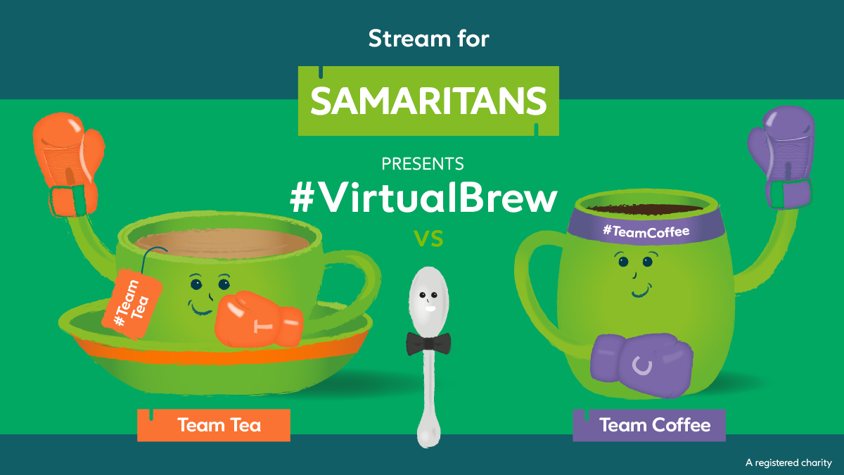 samaritans's tweet photo. 📢 Calling all streamers: You can change lives and settle the debate once and for all – is tea or coffee the better cuppa? Join #VirtualBrew and the vital funds you and your community raise can help up be there for everyone, day and night.
Sign up here: https://t.co/SIQvttyoz0 https://t.co/2EPmwsHtgY
