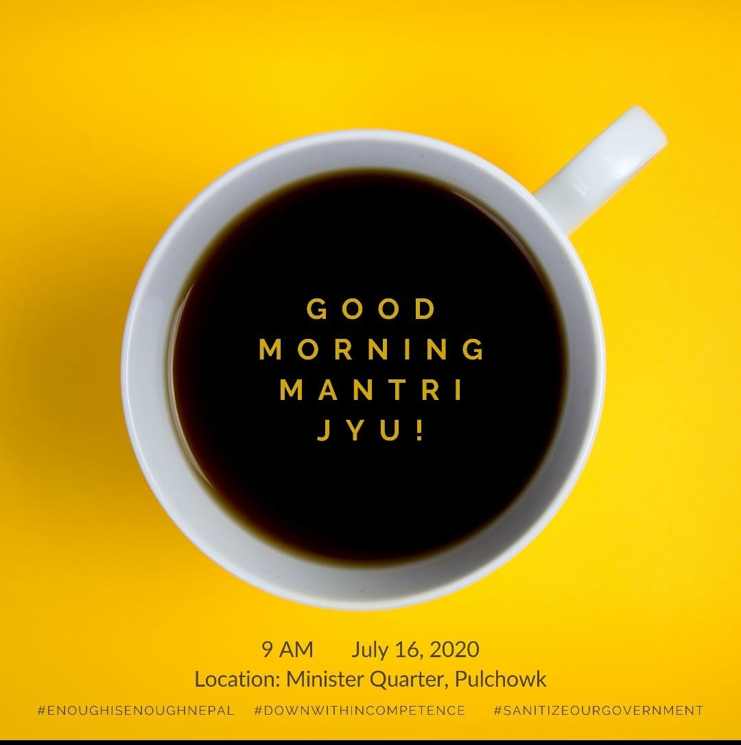 pukarbam's tweet photo. #GoodMorningMantriJYU 🙏 #Share
#EnoughIsEnough
Tomorrow 9AM (16July/Shrawan 1)
PULCHOK,MANTRI QUARTER
सन्चै मन्त्री ज्यु?
#Satyagrahaसत्याग्रह 12 बुदे सहमती का पुग्यो धोका किन?
#SanitizeTheGovernment
#DownWithIncompetence
#ZeroUnsafeQuarantine
#ExpandPCR https://t.co/FYaBPKe70U