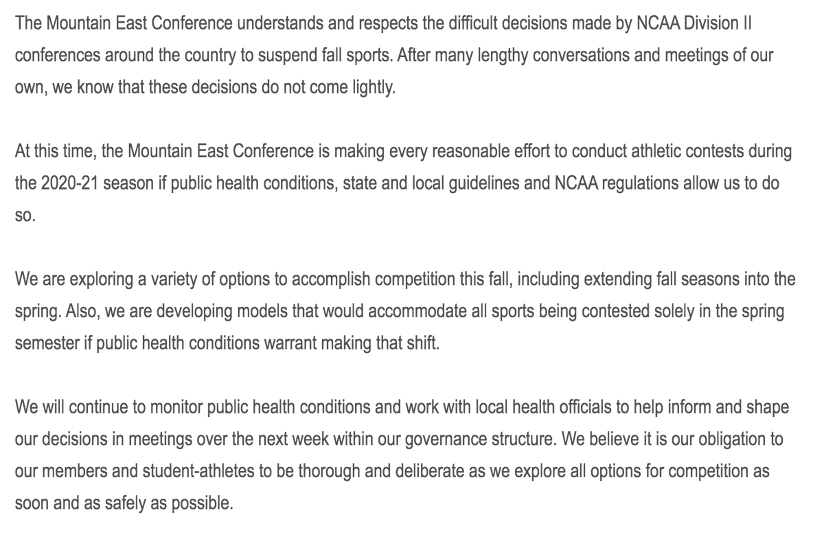 TheMountainEast's tweet photo. MEC Statement Regarding Fall Sports Competition: https://t.co/VO9Gk4Px5Q https://t.co/sXVv1S7GWB