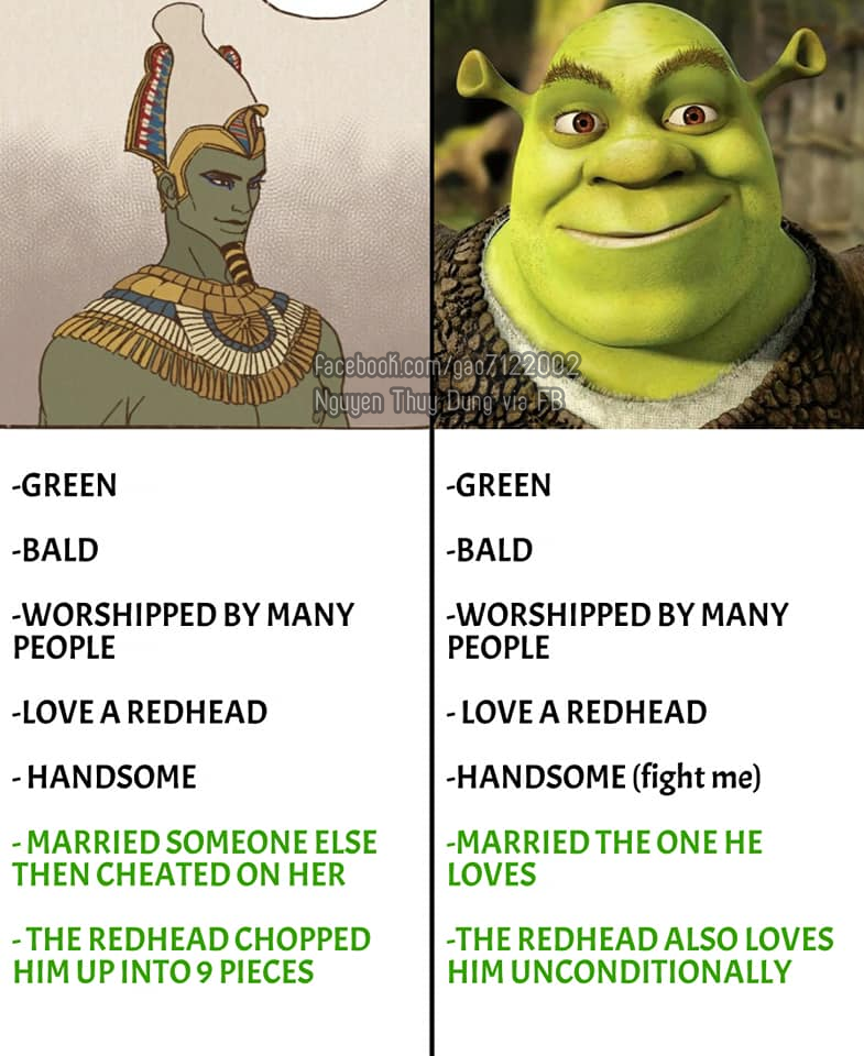 Butttt the fanart based on this idea ( credit on pic ) Some ppl agreed that Shrek is better green for Seth than Osiris ( besides lettuce ) 🤔
