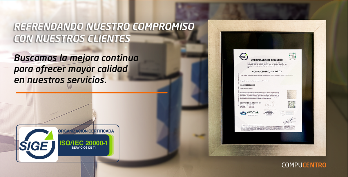 CompucentroIT's tweet photo. Estamos convencidos de que el trabajo en equipo y la confianza de nuestros clientes genera buenos resultados, recibimos con mucho orgullo la certificación ISO 20001 2018, que nos permitirá entregar mayor satisfacción y calidad.
Somos #Compucentro. https://t.co/A7WsmNg8ON