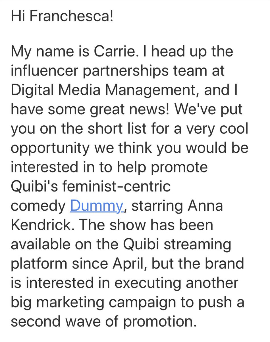 Great news!  @Quibi has asked me to submit 2 unpaid pitches by EOD tomorrow for a chance to *possibly* be paid to promote their “feminist-centric” comedy starring Anna Kendrick! Yeah. Pass.