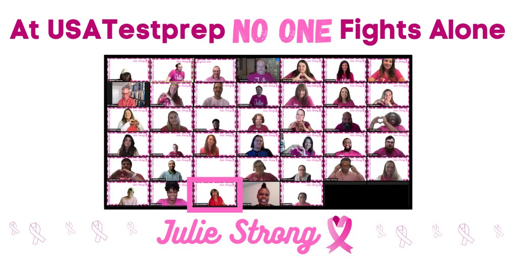 usatestprep's tweet photo. Today, we showed our company-wide support to one of our success managers, Julie, who is currently battling cancer. We surprised her by wearing all pink & even creating a virtual background during our weekly staff meeting.💓
At #USATestprep NO ONE fights alone! #JulieStrong 💪 https://t.co/iSPzDAhfup
