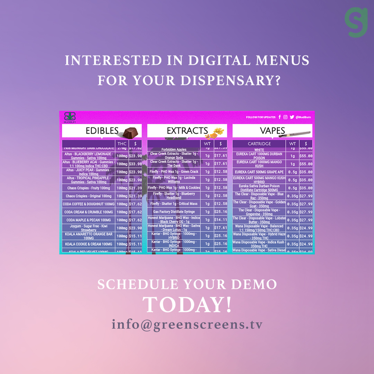 greenscreenstv's tweet photo. Spots are filling up this week! Schedule your demo today 📺⌨️💻📱
.
.
.
.
Fast turnaround, simple solutions, fully integrated with your POS info@greenscreens.tv 

#digitalmenusfordispensaries #flowhub #greenbits #weave #adilas #iheartjane #cova #mjfreeway #biotrack https://t.co/JmevqfxIVa