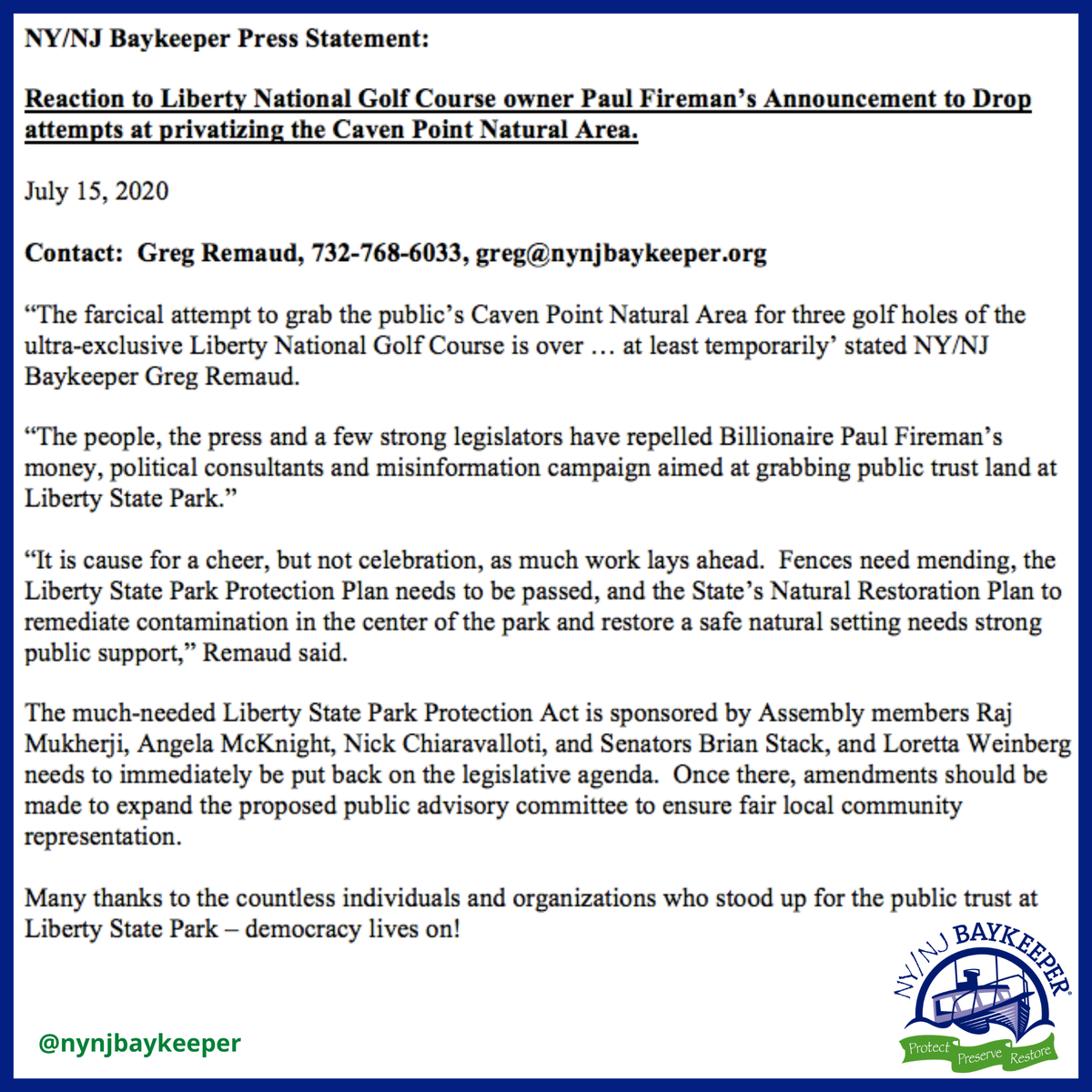 NYNJBaykeeper's tweet photo. 'The farcical attempt to grab the public’s Caven Point Natural Area for 3 golf holes of the ultra-exclusive Liberty National Golf Course is over … at least temporarily’ stated NY/NJ Baykeeper Greg Remaud...
#LSP #SaveCavenPoint #PicnicsNotPrivatization #folsp #JerseyCity #NJ https://t.co/GKEfKIN4Xv