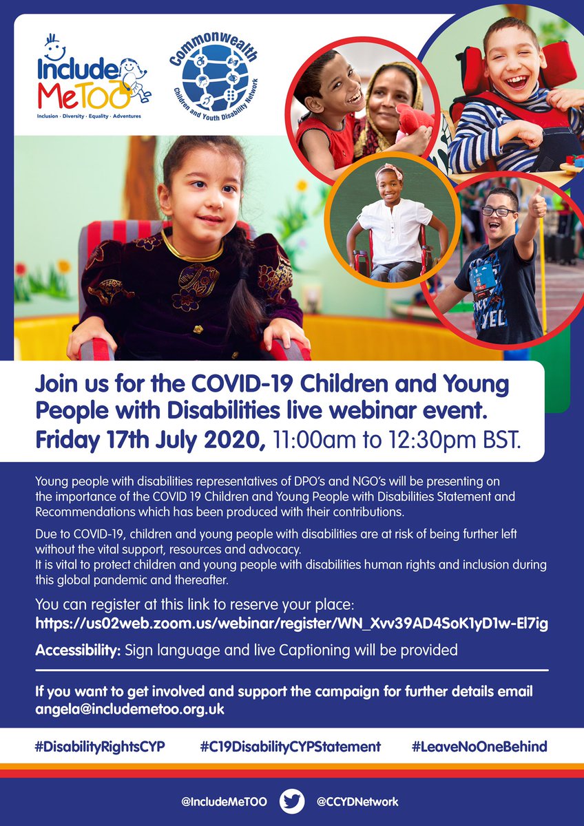 IncludeMeTOO's tweet photo. COVID-19 Children & Young People with Disabilities webinar on Friday 17th July at 11:00am to 12:30pm BST #DisabilityRights & #DisabilityInclusion for children & young people not to be left behind @DFID_UK @DaltonMunt
https://t.co/jMlB7ygbbT
#DisabilityC19 #DisabilityRightsCYP https://t.co/SVi26sW8L8