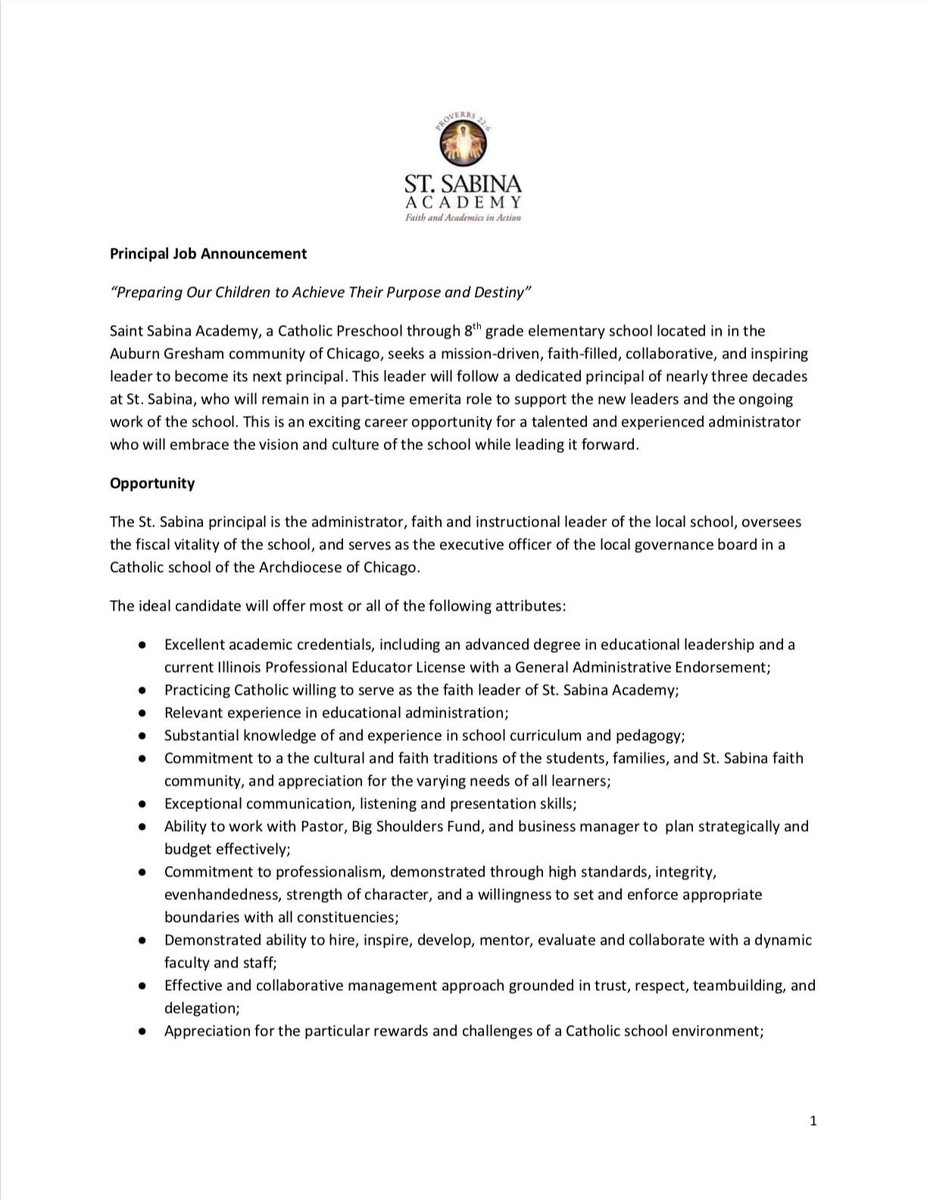StSabinaAcademy's tweet photo. St. Sabina Principal Job Announcement: More details about the job are listed in the documents below. Please click the link to apply.

https://t.co/JWDTHK4ruJ https://t.co/btkY54lpEW