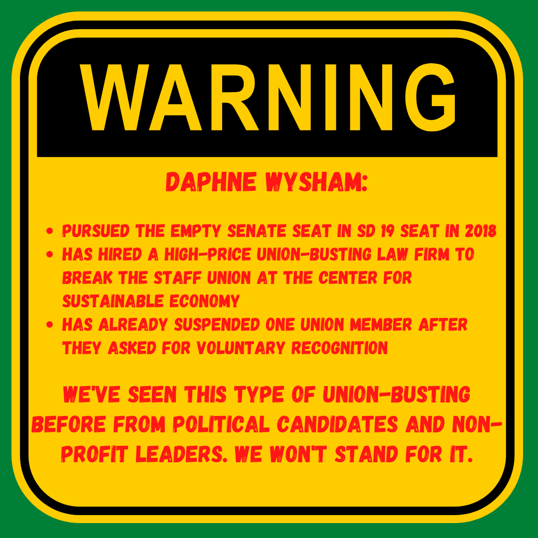 WorkersOregon's tweet photo. ⚠️️Oregon Campaign Workers BEWARE: past candidate @daphnewysham is a U-N-I-O-N-B-U-S-T-E-R leading the charge against workers at the @csesustainable ⚠️

Solidarity to the @EconomyUnion #orpol #orleg ️ https://t.co/udgYNbZulq