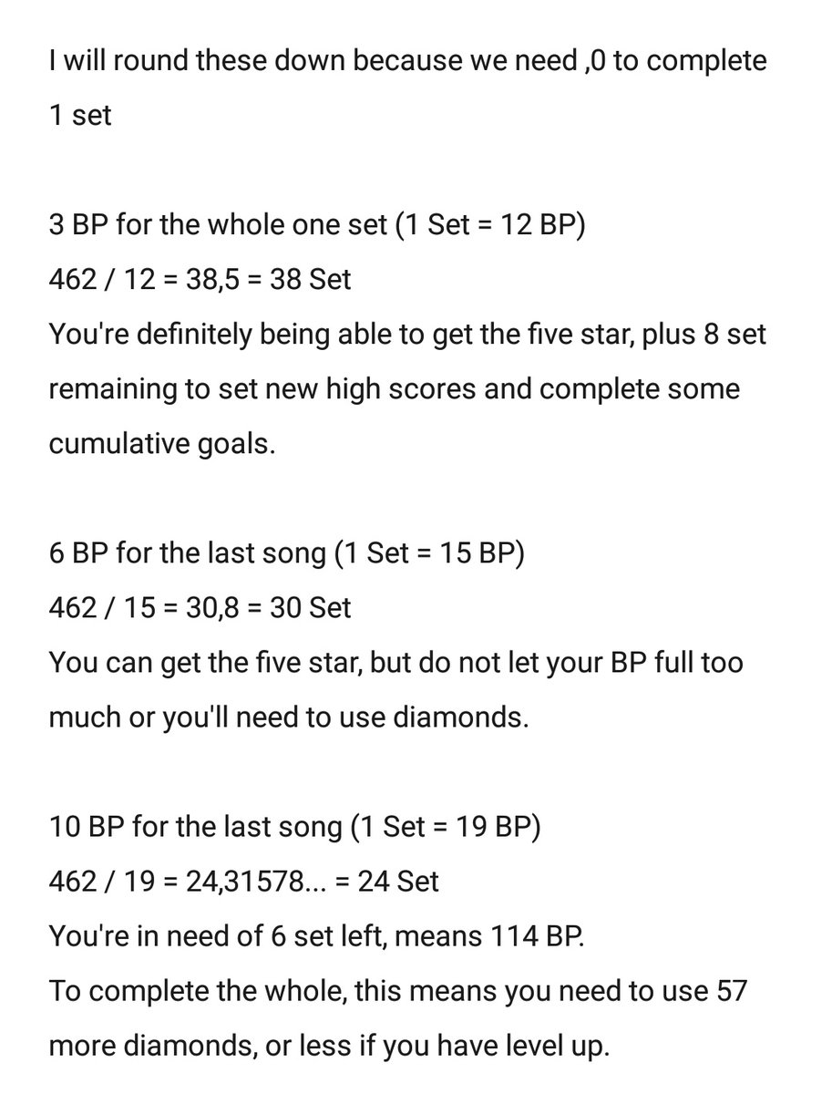 I saw two variations of playing this tour event so far. First is to use 3 BP for whole 1 set, and the other is to boost 10 BP for the FEVER. This makes me interested and so I counted the one with 6 BP as well.Using free resources, here is the set amount that you can play: